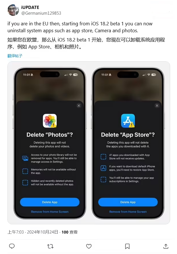 泸县苹果手机维修分享iOS 18.2 支持删除 App Store 应用商店 