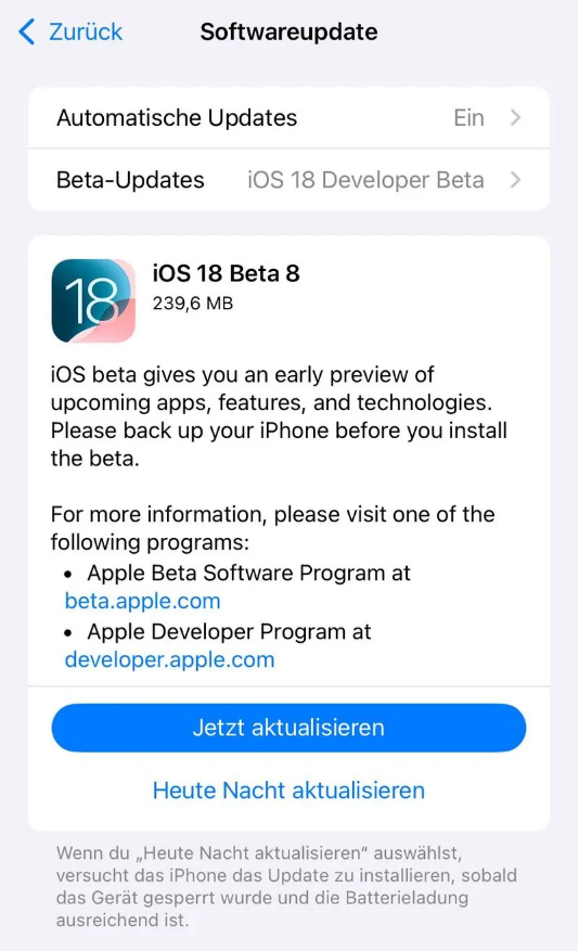 泸县苹果手机维修分享苹果 iOS / iPadOS 18 开发者预览版 Beta 8 发布 